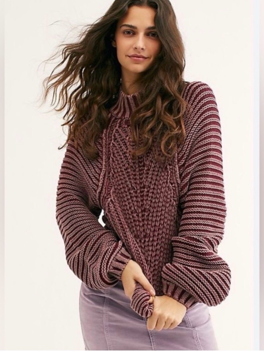 Free People Rose Burgundy Cropped Cable Turtleneck Sweater